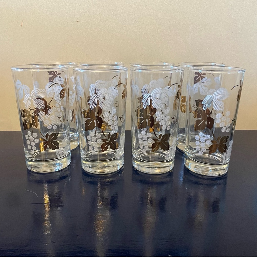 Vintage Anchor Hocking “Elegance” Grape & Leaf Pattern Glasses - Set of 8